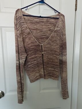 Light Brown Marled V-Neck Button Sweater